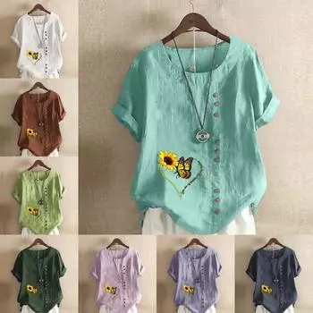 Женская мода Подсолнух Бабочка Принт Футболка с коротким рукавом Свободная хлопковая рубашка Повседневная свободная летняя блузка Топы размера плюс S розовый