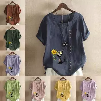 Женская мода Подсолнух Черный Кот Принт Футболка с коротким рукавом Свободная хлопковая рубашка Повседневная свободная летняя блузка Топы размера плюс S розовый