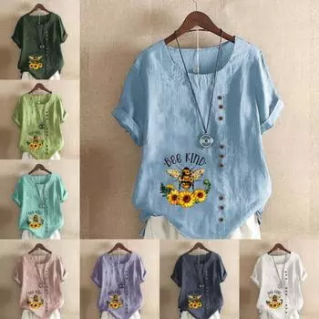 Женская мода Подсолнух Пчелы Принт с коротким рукавом Футболка Свободная хлопковая рубашка Повседневная свободная летняя блузка Топы размера плюс S темно-зеленого
