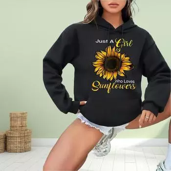 Женская мода Подсолнух Принт Свободные толстовки с капюшоном Блузка Свитшот Повседневный длинный рукав Пуловер Топы XS чёрный
