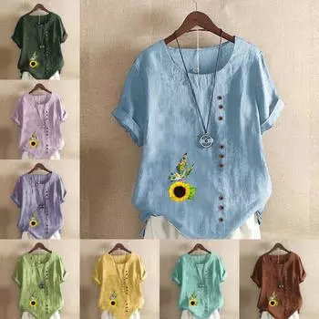 Женская мода Подсолнухи Цветы Принт Футболка с коротким рукавом Свободная хлопковая рубашка Повседневная свободная летняя блузка Топы размера плюс S розовый