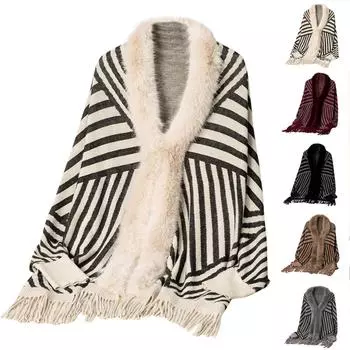 Женская мода полосатая бахрома вязаная шаль накидка накидка по всей длине накидка с шарфом свитер One Size чёрный