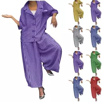 Женская мода полосатая свободная куртка с длинными рукавами повседневные брюки комплект из двух предметов L синий