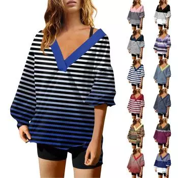 Женская мода полосатый принт V-образный вырез длинный рукав свободный пуловер свитшот топ XXL