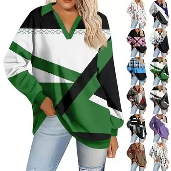 Женская мода полосатый принт V-образный вырез длинный рукав свободный пуловер свитшот топ S винный