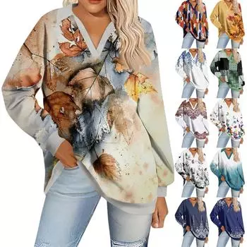 Женская мода полосатый принт V-образный вырез длинный рукав свободный пуловер свитшот топ XXL зелёный