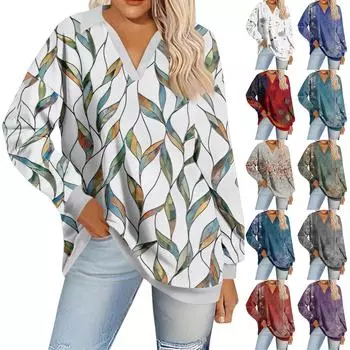 Женская мода полосатый принт V-образный вырез длинный рукав свободный пуловер свитшот топ XL винный