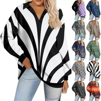 Женская мода полосатый принт V-образный вырез длинный рукав свободный пуловер свитшот топ XXL