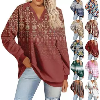 Женская мода полосатый принт V-образный вырез длинный рукав свободный пуловер свитшот топ S тёмно-синий