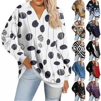 Женская мода полосатый принт V-образный вырез длинный рукав свободный пуловер свитшот топ XXXL хаки