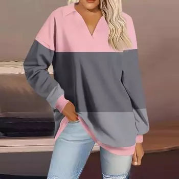 Женская мода полосатый принт V-образный вырез длинный рукав свободный пуловер свитшот топ XXL розовый