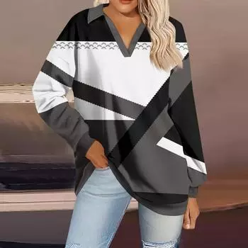 Женская мода полосатый принт V-образный вырез длинный рукав свободный пуловер свитшот топ XL