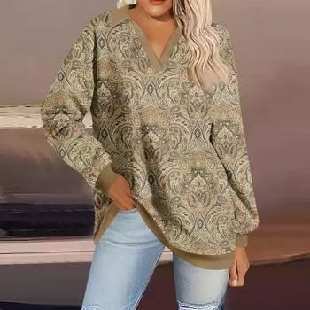 Женская мода полосатый принт V-образный вырез длинный рукав свободный пуловер свитшот топ XXL хаки