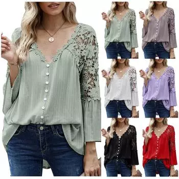 Женская мода полые кружевные шить V-образным вырезом расклешенные футболки с длинными рукавами топы M