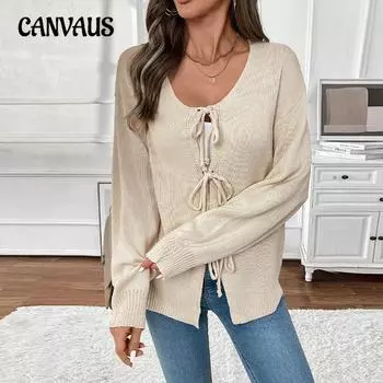 Женская мода Популярный галстук круглый вырез однотонный свитер кардиган S абрикосовый