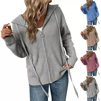 Женская мода повседневная 2022 вязаный кардиган свитер с карманом на шнурке M