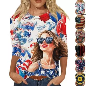 Женская мода повседневная 3/4 рукав День независимости принт круглый вырез пуловер топ XXXL киноварь