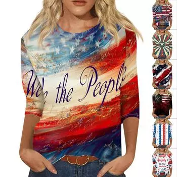 Женская мода повседневная 3/4 рукав День независимости принт круглый вырез пуловер топ XXXL красный