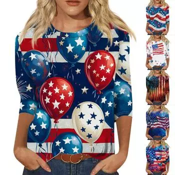 Женская мода повседневная 3/4 рукав День независимости принт круглый вырез пуловер топ M