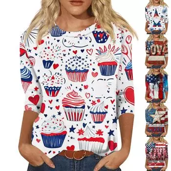 Женская мода повседневная 3/4 рукав День независимости принт круглый вырез пуловер топ XXXL белый