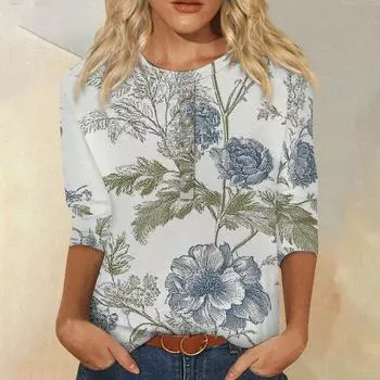 Женская мода повседневная 3/4 рукава цветочный принт пуловер круглый вырез топ повседневная одежда L синий