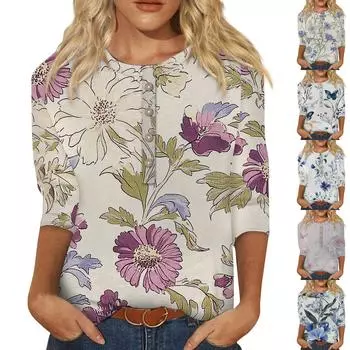Женская мода повседневная 3/4 рукава цветочный принт пуловер круглый вырез топ повседневная одежда L синий