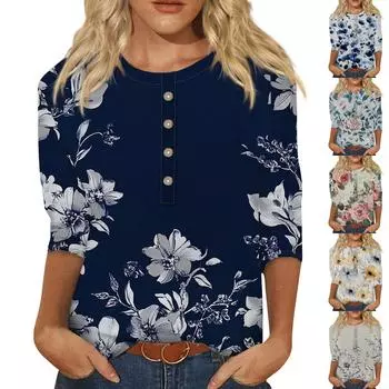 Женская мода повседневная 3/4 рукава цветочный принт пуловер круглый вырез топ повседневная одежда L синий