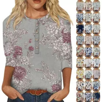 Женская мода повседневная 3/4 рукава цветочный принт пуловер круглый вырез топ повседневная одежда XXXL