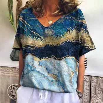 Женская мода повседневная 3D принтованная блузка с коротким рукавом и V-образным вырезом футболки XXXL