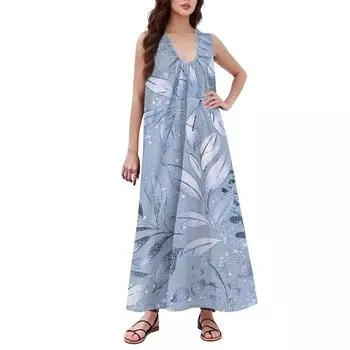 Женская Мода Повседневная А-силуэта Ретро Принтованная С Эффектом Мятого Полотна Свободная Длинная Юбка С Карманами L синий