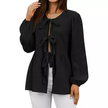 Женская Мода Повседневная Блузка с Бантом, Пузырчатая, Однотонная, с Длинным Рукавом, Футболка, Топ L чёрный