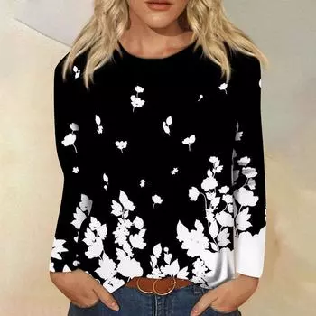 Женская мода, повседневная блузка с длинным рукавом и круглым вырезом, пуловер с принтом L чёрный