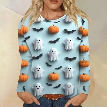 Женская мода повседневная блузка с длинным рукавом и принтом на Хэллоуин с круглым вырезом S