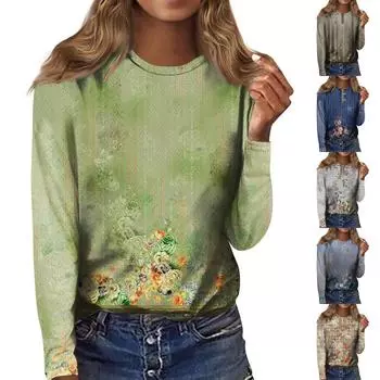 Женская мода, повседневная блузка с длинным рукавом и круглым вырезом, пуловер с принтом XXL