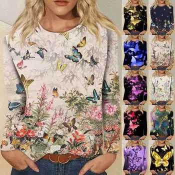 Женская мода, повседневная блузка с длинным рукавом и круглым вырезом, пуловер с принтом L синий