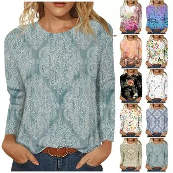 Женская мода, повседневная блузка с длинным рукавом и круглым вырезом, пуловер с принтом