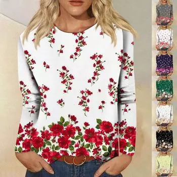 Женская мода, повседневная блузка с длинным рукавом и круглым вырезом, пуловер с принтом