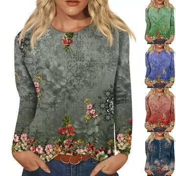 Женская мода, повседневная блузка с длинным рукавом и круглым вырезом, пуловер с принтом L зелёный