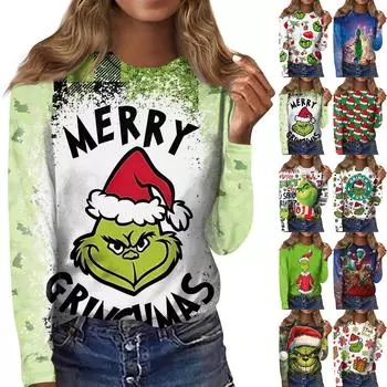 Женская мода, повседневная блузка с длинным рукавом и рождественским принтом, пуловер с круглым вырезом
