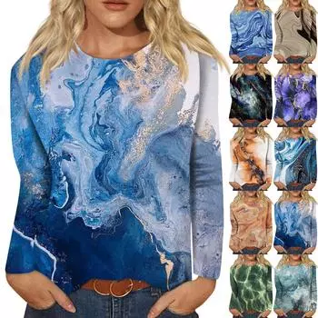 Женская мода, повседневная блузка с длинным рукавом и круглым вырезом, пуловер с принтом L синий