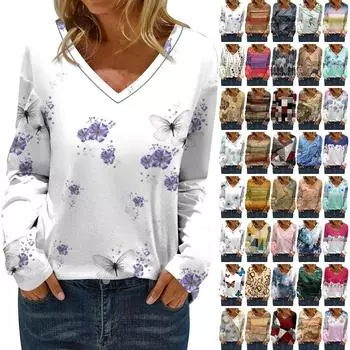 Женская мода, повседневная блузка с длинным рукавом и круглым вырезом, пуловер с принтом