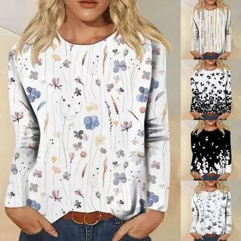 Женская мода, повседневная блузка с длинным рукавом и круглым вырезом, пуловер с принтом