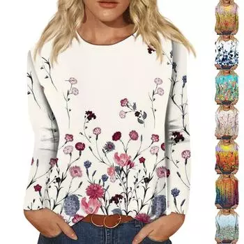 Женская мода, повседневная блузка с длинным рукавом и круглым вырезом, пуловер с принтом