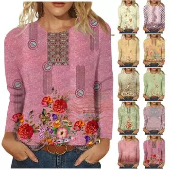 Женская мода, повседневная блузка с длинным рукавом и круглым вырезом, пуловер с принтом