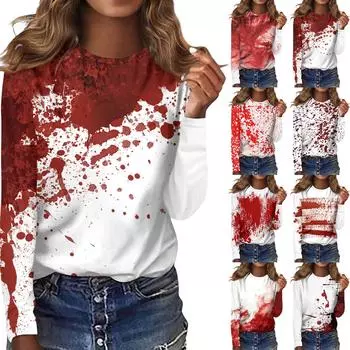 Женская мода, повседневная блузка с длинным рукавом и принтом на Хэллоуин, пуловер с круглым вырезом