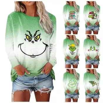 Женская мода, повседневная блузка с длинным рукавом и рождественским принтом, пуловер с круглым вырезом XXL камуфляжный