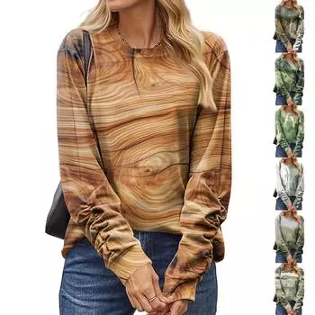 Женская мода, повседневная блузка с длинным рукавом и круглым вырезом, пуловер с принтом