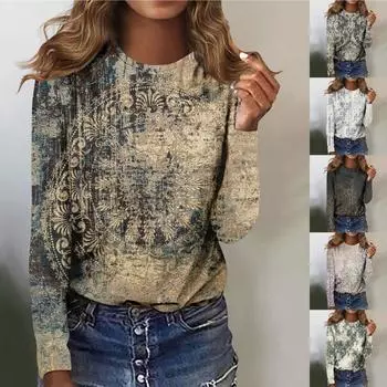 Женская мода, повседневная блузка с длинным рукавом и круглым вырезом, пуловер с принтом