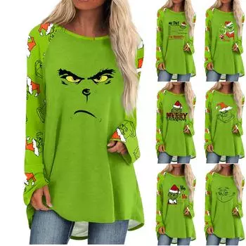 Женская мода, повседневная блузка с длинным рукавом и рождественским принтом, пуловер с круглым вырезом