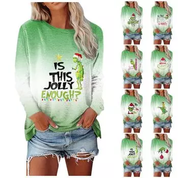 Женская мода, повседневная блузка с длинным рукавом и рождественским принтом, пуловер с круглым вырезом